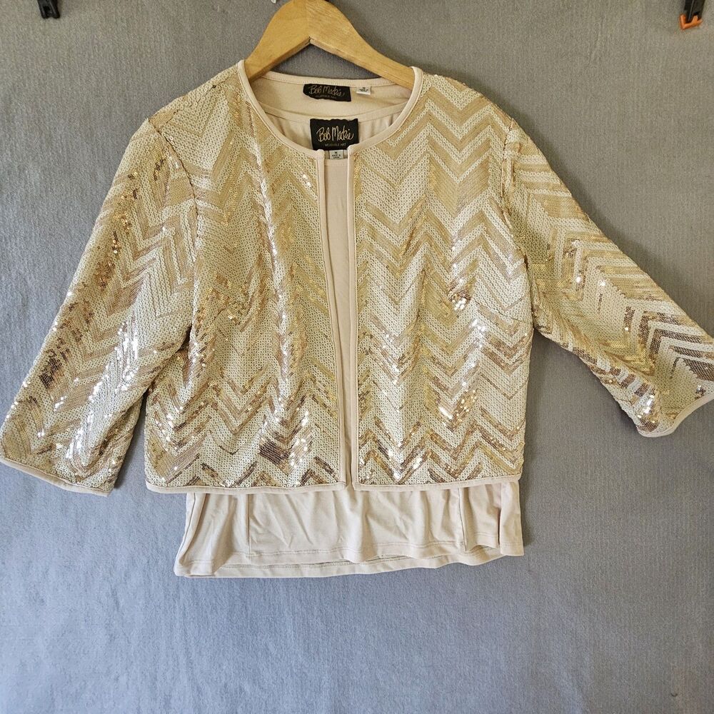Bob Mackie Wearable Art Jacket Tank Set 2 pc Gold Sequins Stretch Womens Sz M